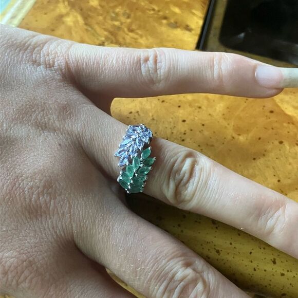 Natural Emerald Tanzanite Sterling Silver Marquise Ring Size 7 - Picture 3 of 8